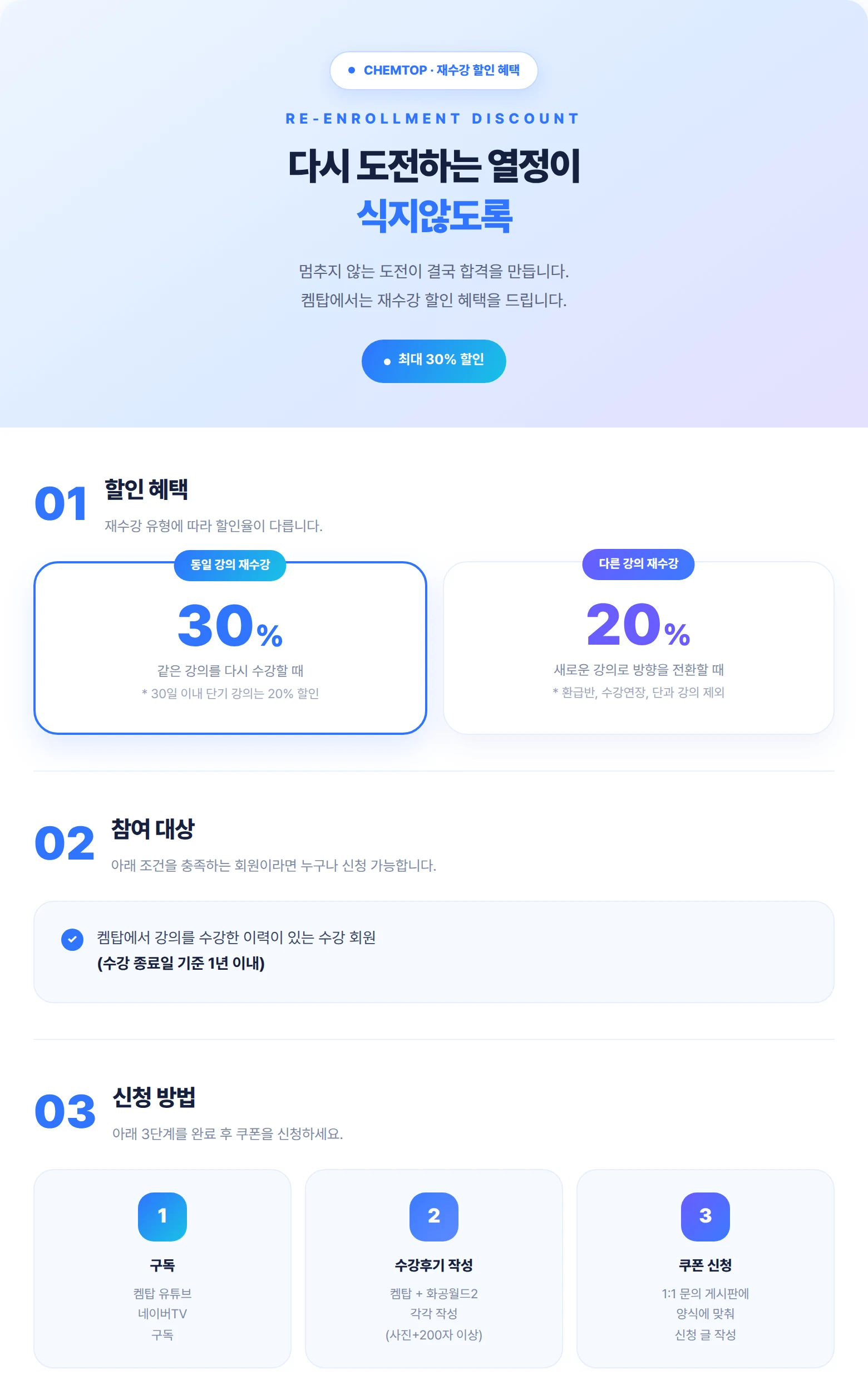 켐탑 재수강 할인 이벤트 - 동일 강의 재수강 30%, 다른 강의 재수강 20% 할인. 수강 종료일 기준 1년 이내 회원 대상
